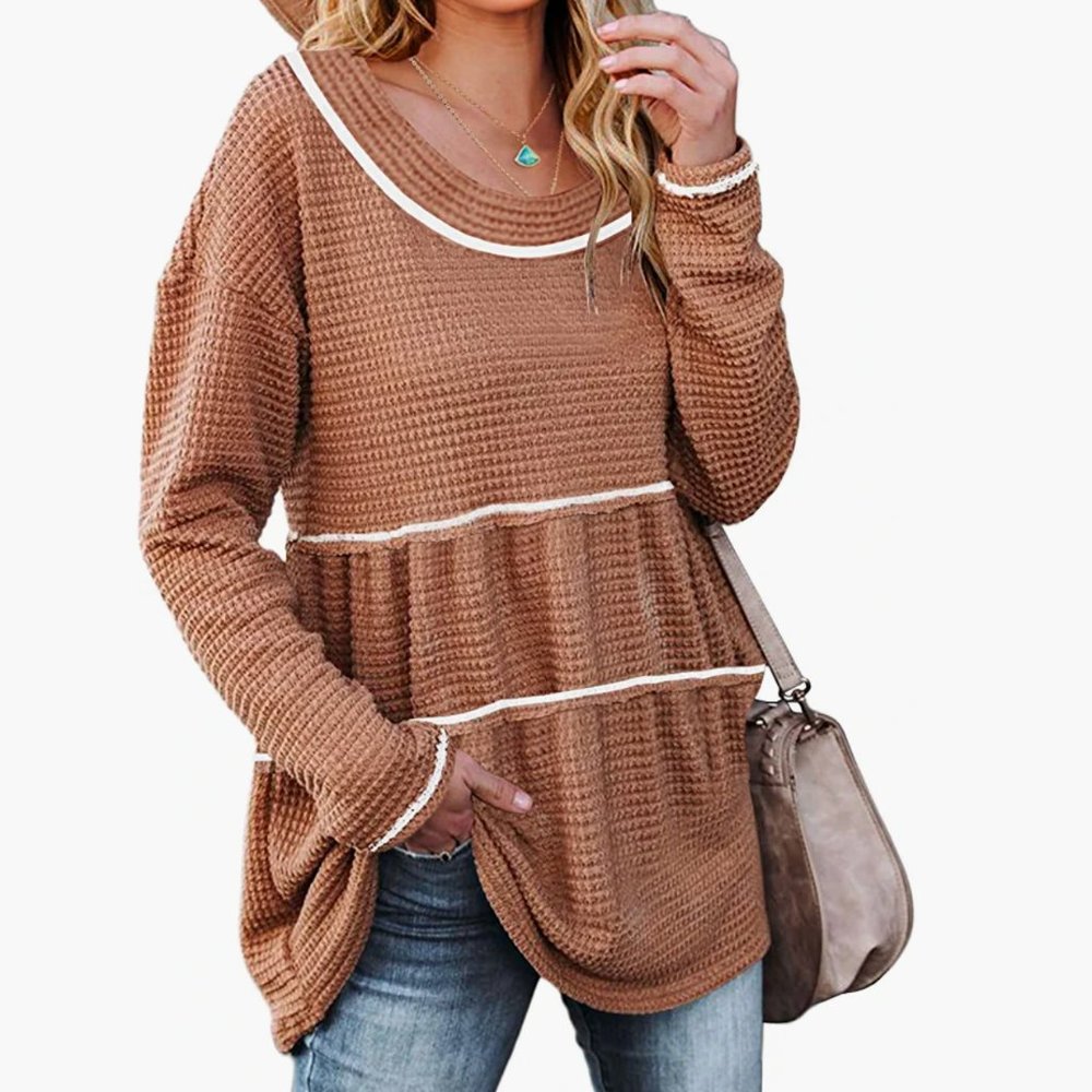 Foshow Women's Waffle V Neck Tunic Peplum Fall Flowy Swing Babydoll Dress Tops L